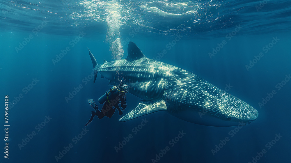 Naklejka premium Oceanic Symphony: Beneath the waves, a scuba diver and a majestic shark coexist in perfect harmony, their presence adding depth and dimension to the underwater symphony. Together,