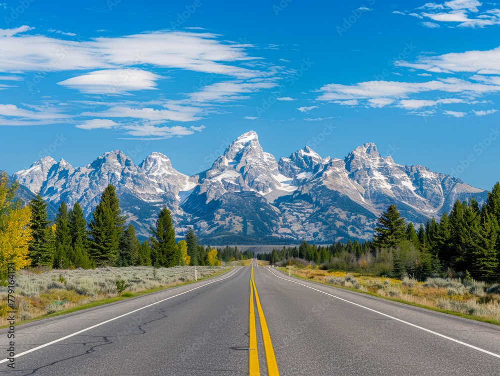 USA, Wyoming, Grand Teton National Park, Teton Range, Cathedral Group, Teewinot Mountain, Grand Teton and Mount Owen with road USA, Wyoming, Grand Teton National Park, Teton Range, Cathedral Group, Teewinot Mountain, Grand Teton and Mount Owen with road