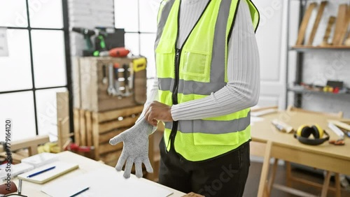 African woman wearing reflective vest in carpentry workshop preparing safety gloves photo