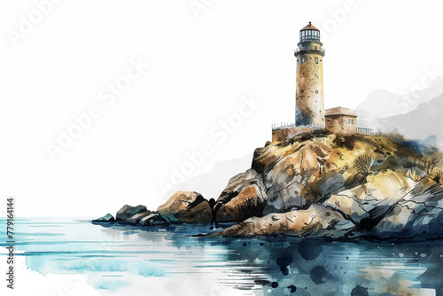 Watercolor lighthouse illustration. Lighthouse, sea and rocks on white background. Hand drawn artwork oil painting Vector Illustration
