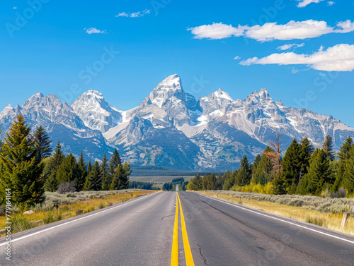 USA, Wyoming, Grand Teton National Park, Teton Range, Cathedral Group, Teewinot Mountain, Grand Teton and Mount Owen with road photo