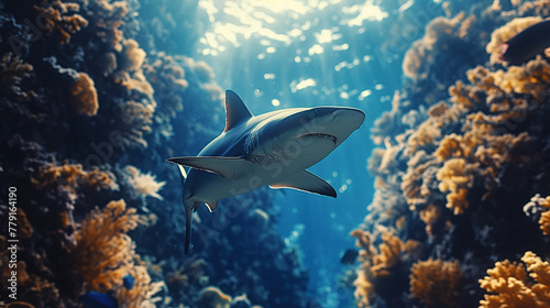 Oceanic Serenity: In a tranquil underwater paradise, a scuba diver shares a moment of serenity with a majestic shark. As they move together in perfect synchrony, the stresses of th