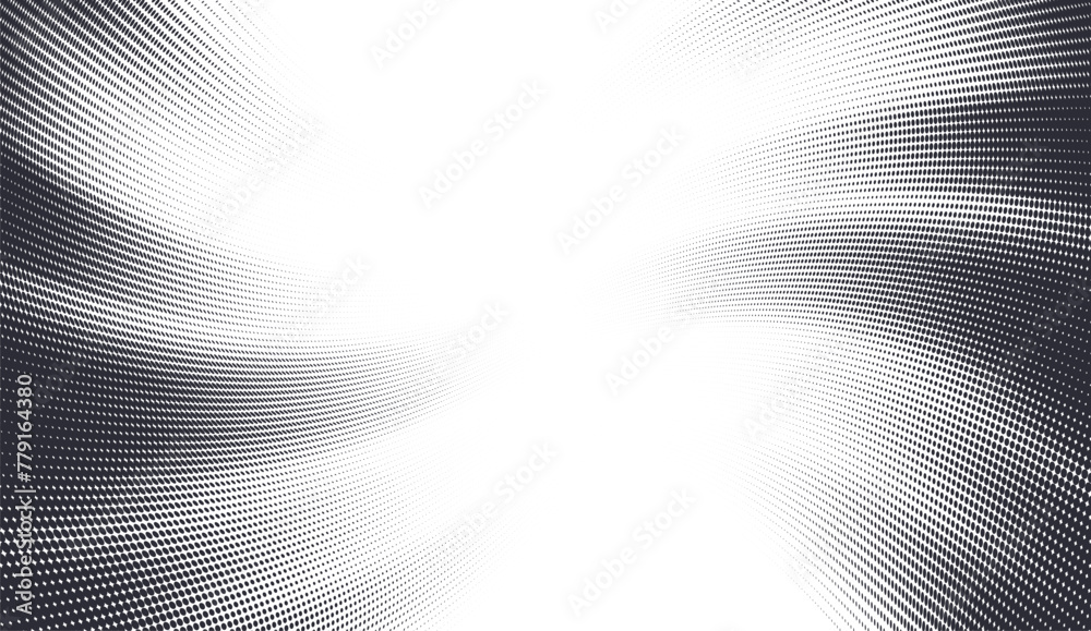 Abstract vector halftone background with wave pattern fading in the center. Futuristic swirling dotted ray backdrop.