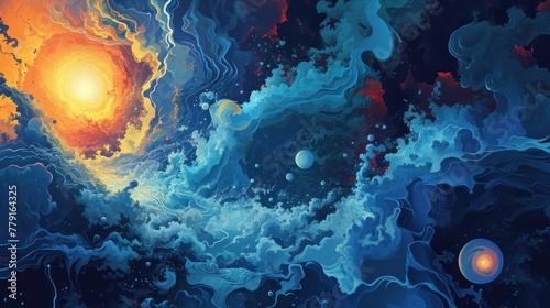 An abstract painting with swirling shapes and patterns, mostly in blue and orange tones. Several planets are visible in the composition, the largest of which resembles the sun. photo