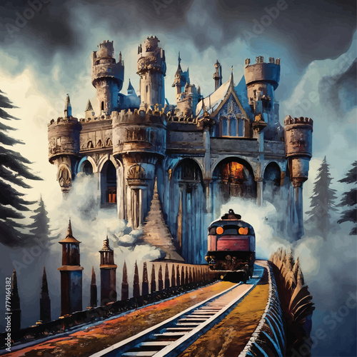 Castel painting train cinematic vector customized art