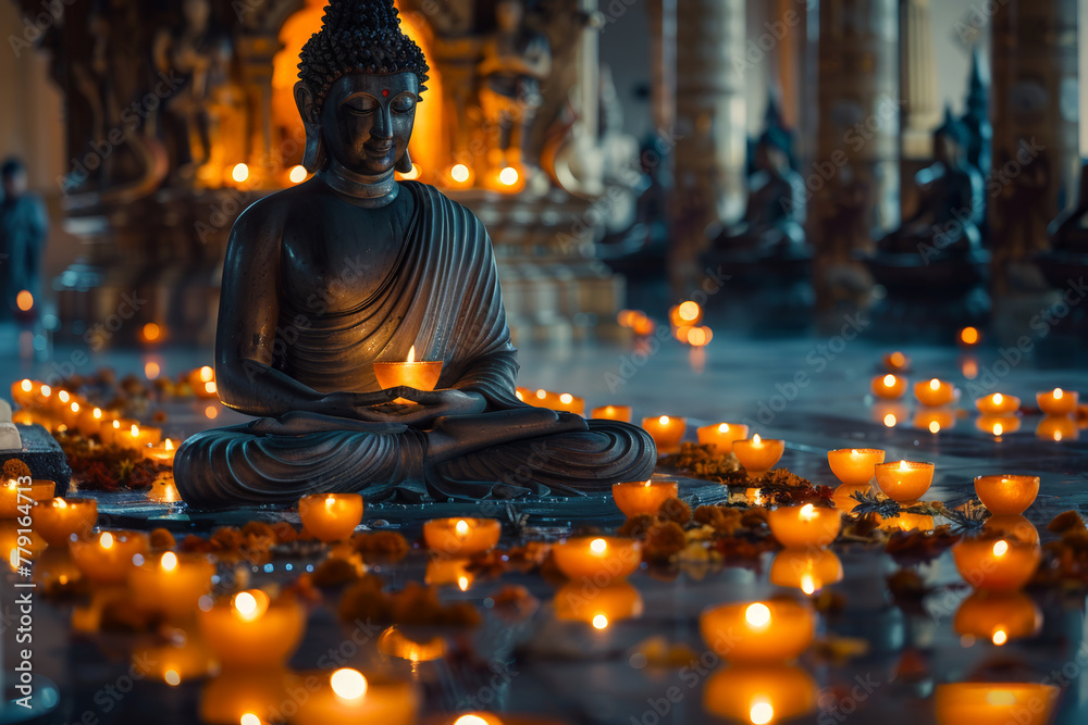 Buddha statue with candle offerings in a temple, ideal for Vesak Day and religious observance themes. Vesak Day greeting card.