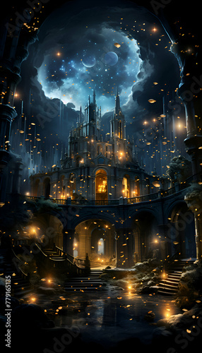 Mystical gothic temple in the night. Fantasy illustration