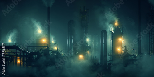 Night factory concept poster background. Night plant with pipes and towers with lights. Oil refineries and the petroleum industry. Heavy industry. Raster digital illustration photo style. AI artwork. photo