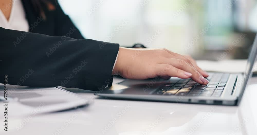 Laptop, closeup and business person typing email, information or research online at table in office. Computer, keyboard and hands of professional woman or consultant on internet for project at desk Laptop, closeup and business person typing email, information or research online at table in office. Computer, keyboard and hands of professional woman or consultant on internet for project at desk
