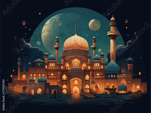 Architecture flat design of muslim mosque ramadan kareem, eid al-fitr, eid al-adha islamic ornament vector illustration