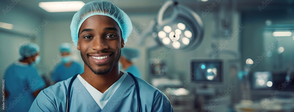 A cheerful young surgeon with a team behind in a bright operating room. The male healthcare professional showcases optimism within the sterile environment. National Doctors' Day.