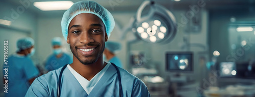 Obraz na płótnie A cheerful young surgeon with a team behind in a bright operating room. The male healthcare professional showcases optimism within the sterile environment. National Doctors' Day. w salonie