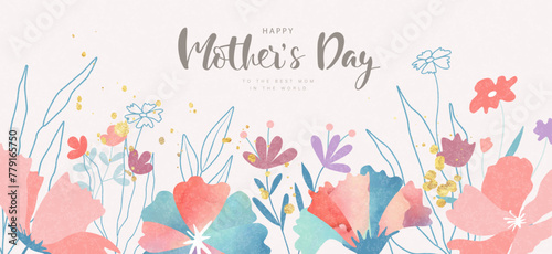 Happy Mother's Day,to the best mom in the world. Beautiful floral banner with flowers and modern grainy texture. Poster, invitation, postcard. Vector illustration