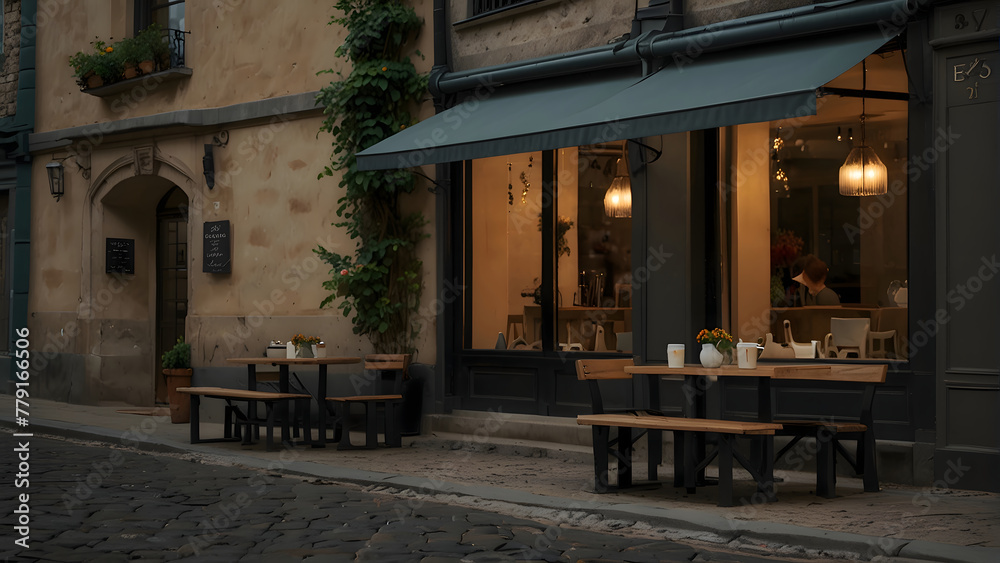 A dreamy space outside a coffee shop in an alley with a romantic feeling, decorated with flowers and plants