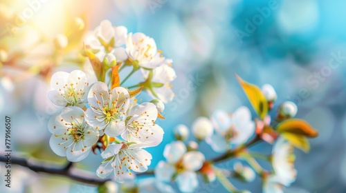 Cherry blossom branch white flowers on sunny blue sky. Springtime flowering beautiful nature landscape.