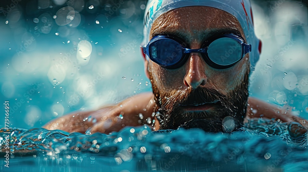 Fototapeta premium A man in a swimming pool wearing goggles and a swim cap