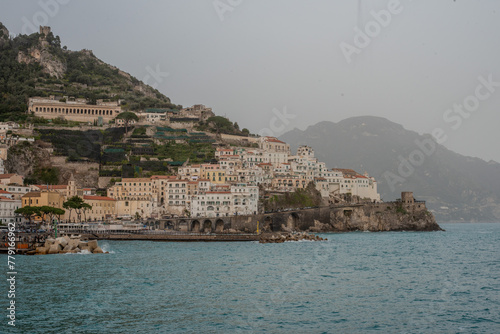 Panoramic view of beautiful Amalfi on hills leading down to coast, Campania, Italy. Amalfi coast is most popular travel and holiday destination in Europe - 04