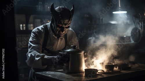 A horned demon cooks in a dark kitchen  using a large steaming pan. The image has a smoky atmosphere.