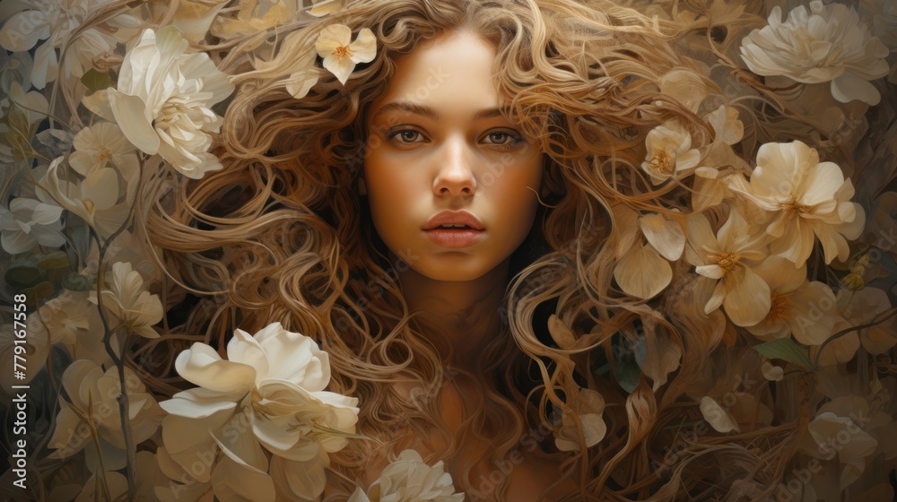 Woman with long curly hair and flowers around her head. The woman's skin is warm beige, her eyebrows are arched. The background is dark beige.