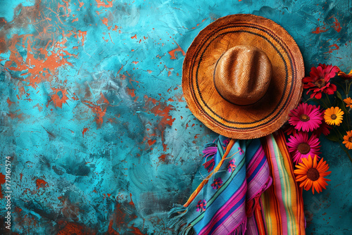 The background for Cinco De Mayo highlights Mexico's national holiday. Hats on a blue background.