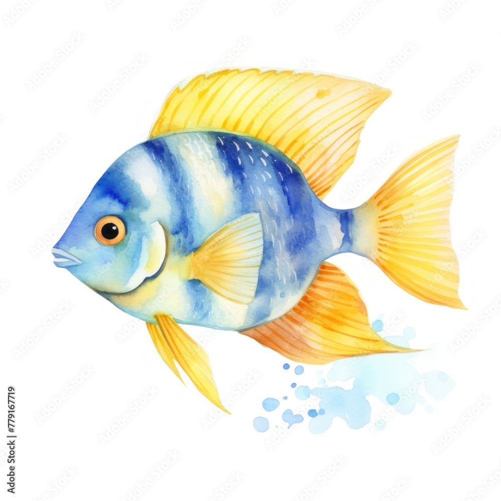 Watercolor sea fish with blue stripes and yellow fins on a white background. Watercolor sea fish with blue stripes and yellow fins on a white background.