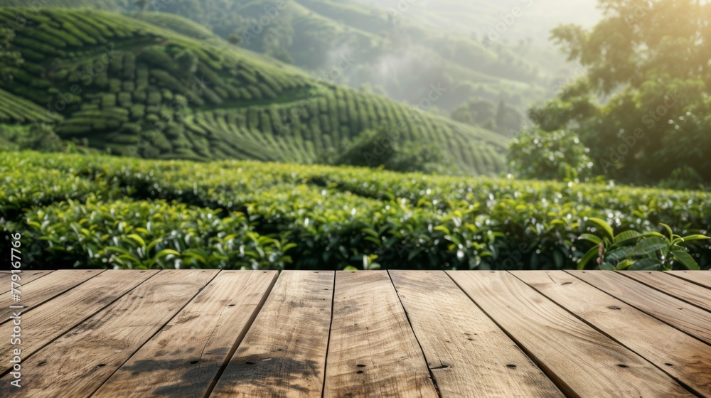 Naklejka premium Tea garden green plantation with wooden table shelf background concept