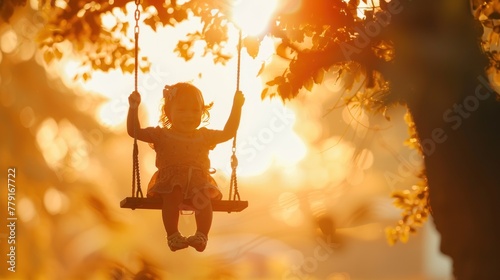 Child plays on wooden swing, dreams of flying. Baby swing, kid girl smile in flight. Happy little girl swings on swing in park under tree at sunset.