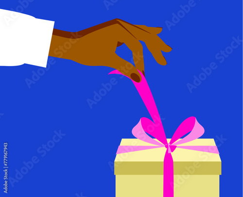 A woman's hand unties a gift box using a decorative ribbon. Theme of holiday, gifts, birthday. Minimalist style image. Vector illustration © Raman Maisei