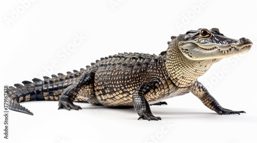 side view portrait of a Crocodylus moreletii, full body from head to tail, hyperrealistic, white background 