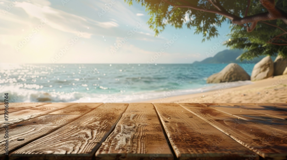 Fototapeta premium Sea shore beach summer vacation with wooden table shelf background concept