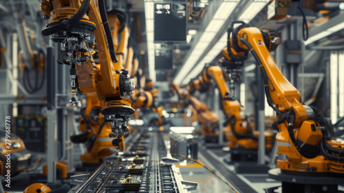 A bustling automotive assembly line with robotic arms, conveyor belts, and quality control stations, currently unoccupied but ready to manufacture vehicles with precision photo