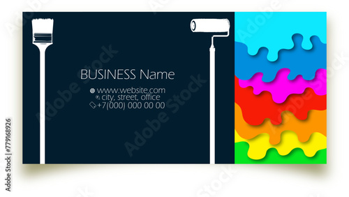 Drops drips of colored paint brush and roller, business card concept