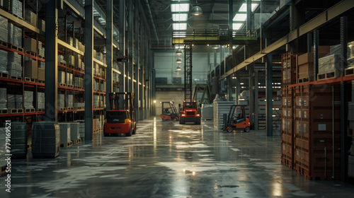 A busy logistics warehouse with shelves, forklifts, and automated inventory management systems, currently empty but ready for efficient storage and distribution operations