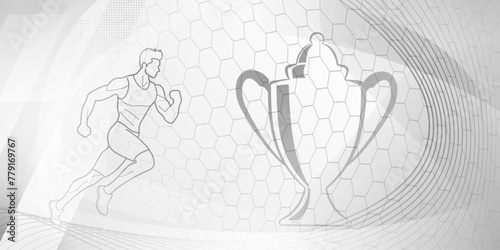 Runner themed background in gray tones with abstract curves and mesh, with sport symbols such as a male athlete, running track and a cup