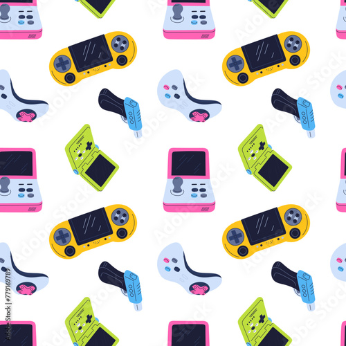 Video game seamless pattern. Modern and retro joysticks. Cybersport players print. Gaming controllers. Arcade gamepads. Electronic gadgets. Playing consoles. Garish vector background