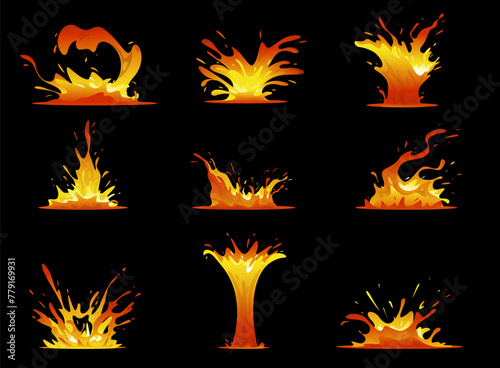 Lava splashes. Game effect. Dangerous liquid fire. Magma fountains. Hot volcano flows. Molten blobs. Fiery explosion. Volcanic eruption. Fluid flame blast. 2D design elements vector set