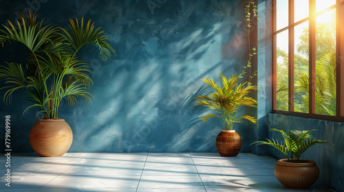 interior of empty blue room with a panoramic window and plants