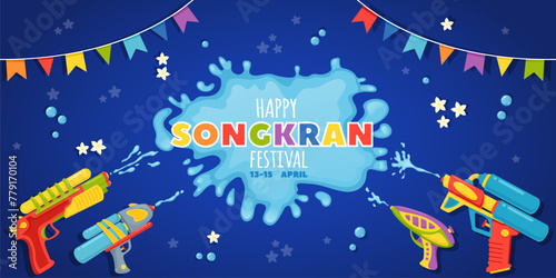 Happy Songkran holiday poster. Thailand water festival. Plastic colored guns shooting liquid jets. Funny Thai celebration. Game invitation. Aqua blaster splashes. Recent vector concept