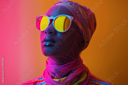woman with sunglasses, studio shot of an unusual person: a dark-skinned young woman in bright clothes and sunglasses on an orange background