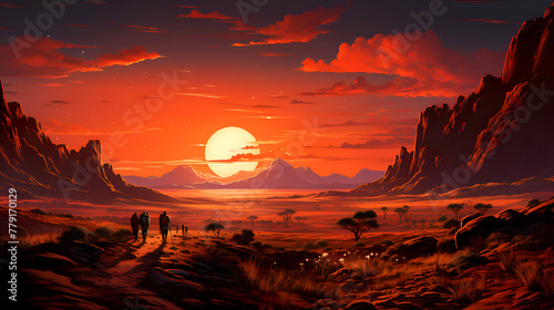 Fantasy alien planet. Mountain and sunset. 3D illustration. © Wazir Design