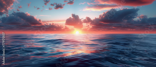 sunrise over a calm ocean with gentle waves reflecting the warm colors of the morning sky #779170507