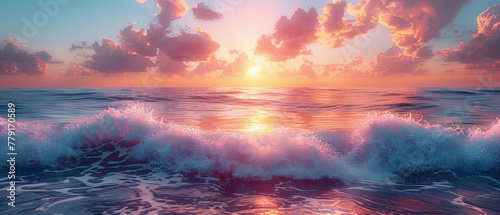 soft pastel sunrise over a calm ocean, with gentle waves reflecting the warm colors of the morning sky