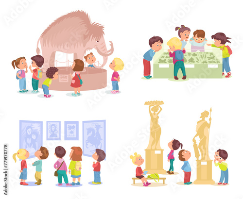 Cartoon children in museum. Kids view exhibits. Curious boys and girls in art gallery. Natural science exposition. Archeology exhibition. Educational excursion. Splendid vector set