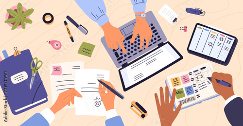 Business hands write and work with laptop. People in office draw up and sign documents. Desktop view from above. Employees planning job. Businessman workplace. Garish vector concept photo