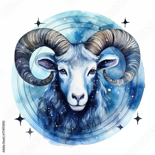 Astrology sign Aries. Starry sky, zodiac sign Aries. The color is blue, watercolor illustration.