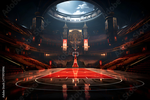 3D render of an empty basketball court with red carpet and lights