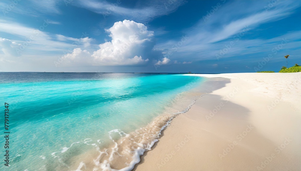 Maldives Marvel: Sandy Beach, Turquoise Waters, and White Clouds