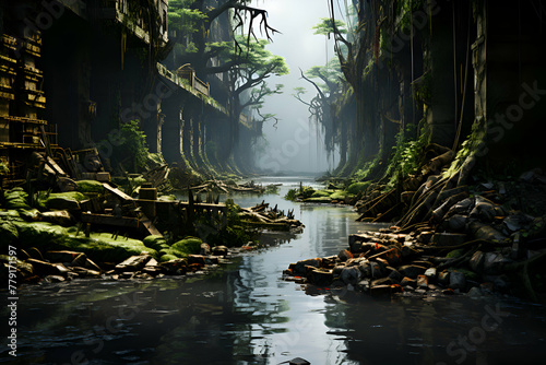 Fantasy landscape with green forest and river. 3D rendering.