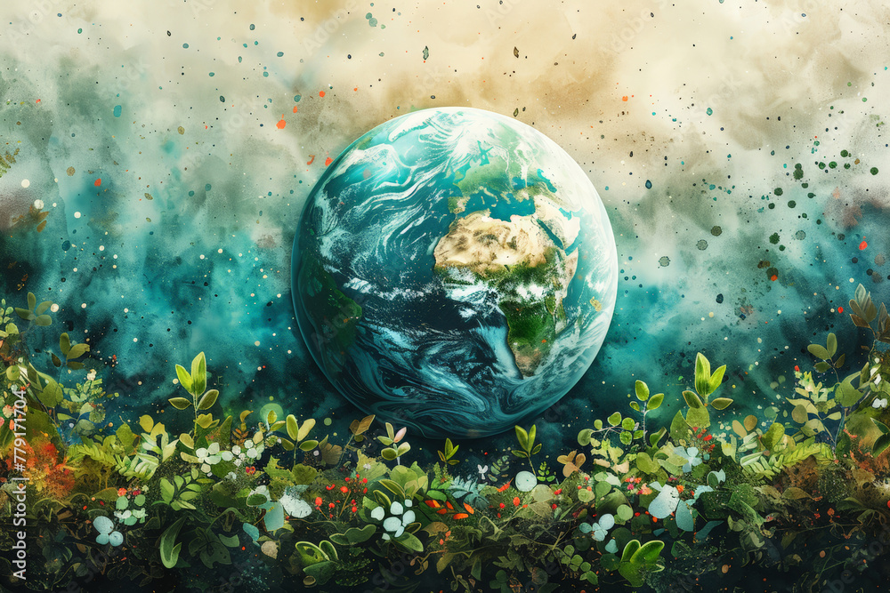 Hand-drawn illustration dedicated to Earth Day. Banner with copy space. Environmental protection concept.