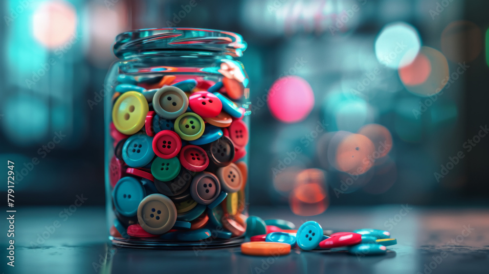 A close-up of a glass jar filled with colorful buttons of different shapes and sizes A close-up of a glass jar filled with colorful buttons of different shapes and sizes